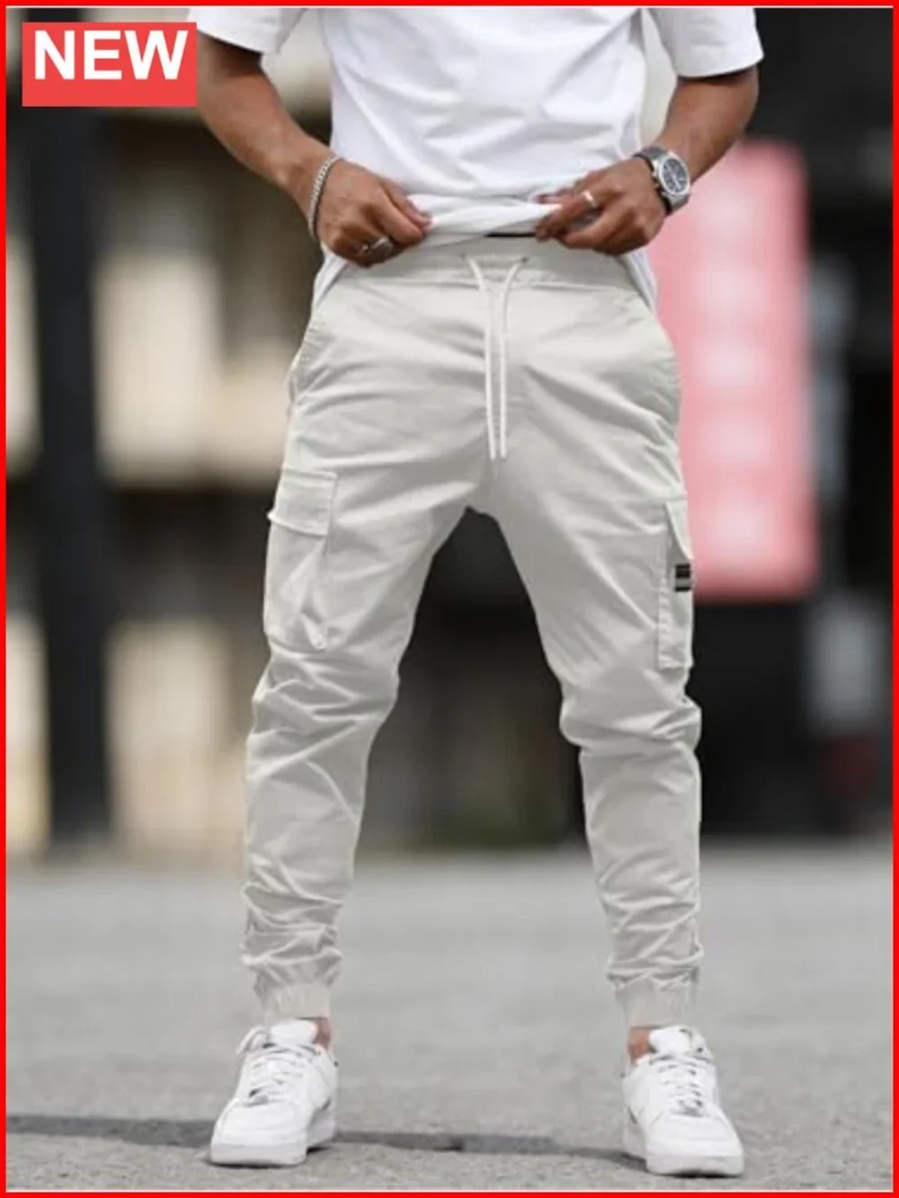 Tapered Cargo Joggers with Zipper Pockets - 6 Pockets, Drawstring Waist